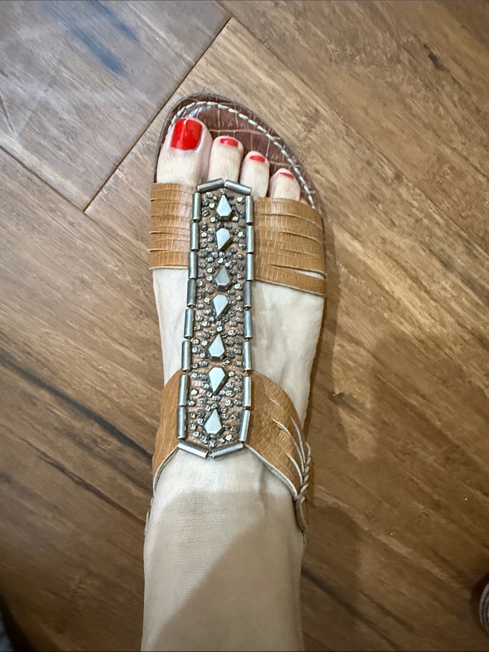 Sam Edelman Tan Embellished T-strap Sandal with Silver Accents